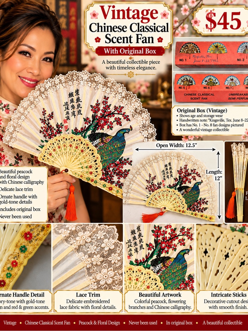 Vintage Chinese Classical Scent Fan — Cream, Red, Green, Gold